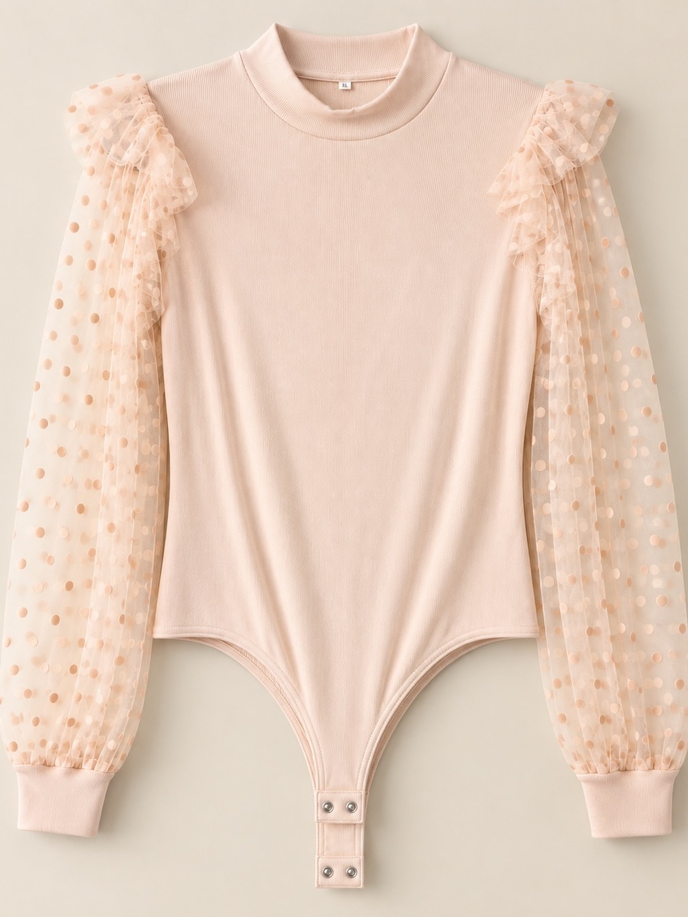 Cream Blush Polka Dot Sheer Sleeve Bodysuit Ruffle Puff Sleeve XL